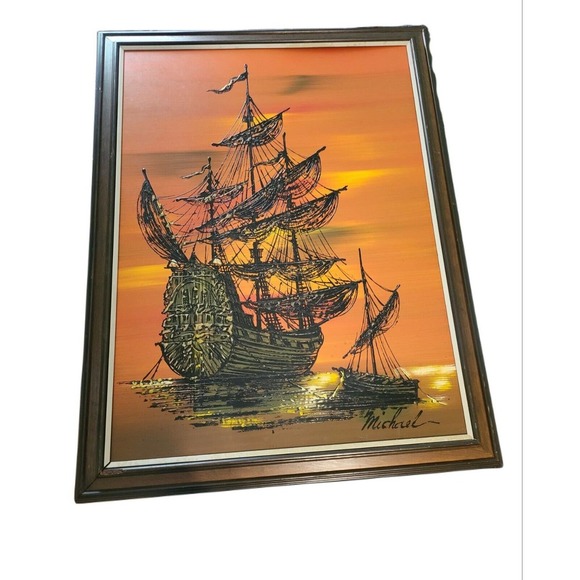 Vintage Original Art Painting Large Huge Oil Acrylic Ship Boat Signed Michael - Picture 1 of 4